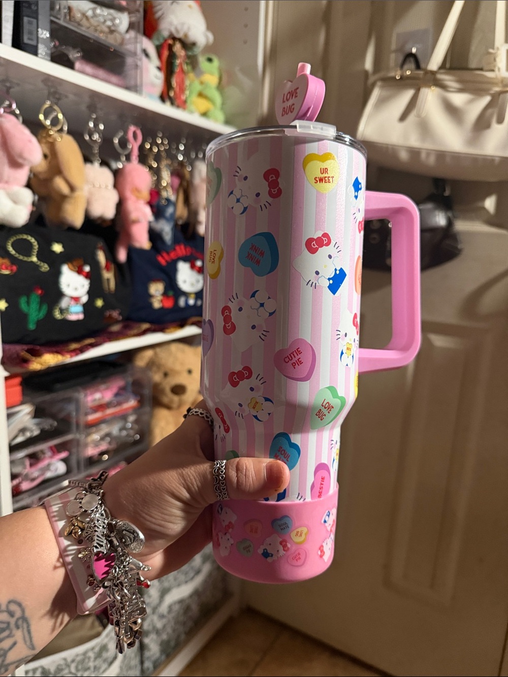 New Hello Kitty Pastel Candy Heart Insulated Travel Mug - Pink Accents
